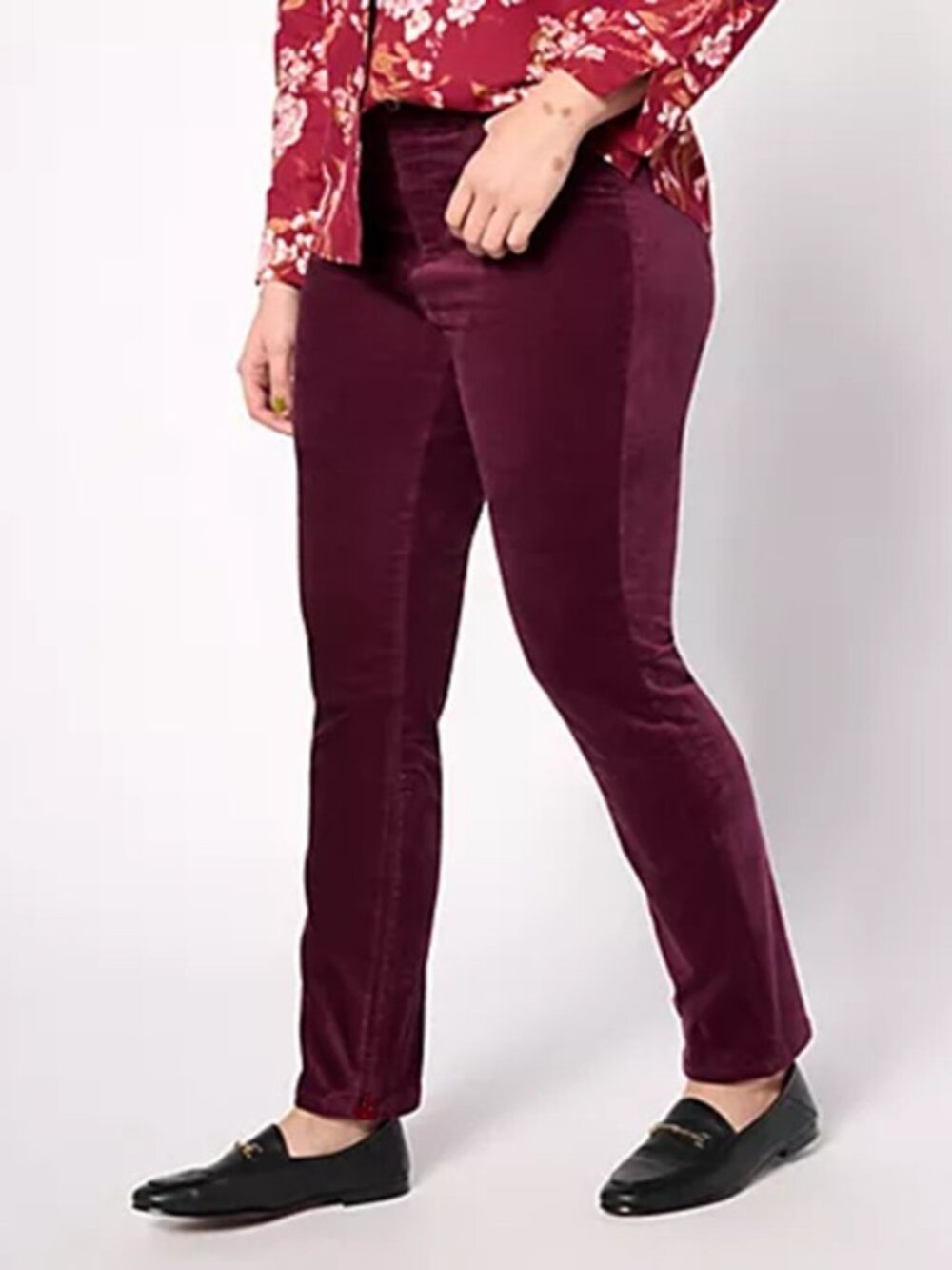 Denim & Co Regular Full Length Slim Straight Velveteen Pant Burgandy Plus 28